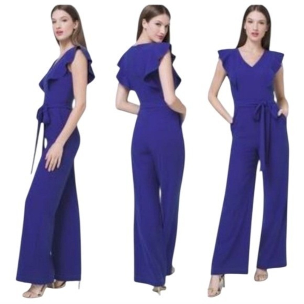 Tahari Elegant Royal Blue Wide Leg Ruffle Trim Women's Jumpsuit Size 6‎